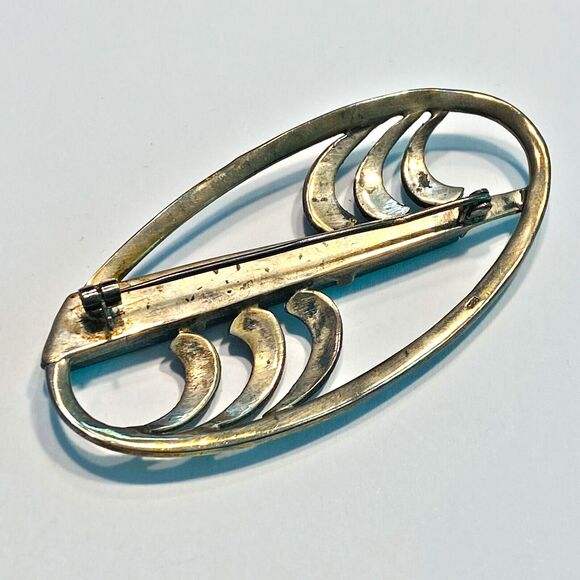 Vintage Art Deco Brooch Green Stone 925 Silver Marcasite Oval Statement Jewelry - Picture 4 of 8